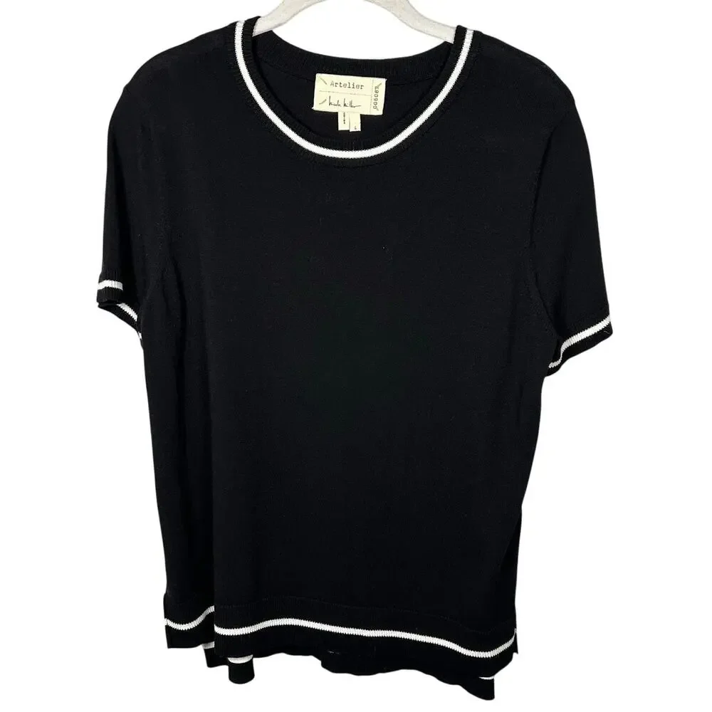 Nicole Miller Artelier Black & White Short Sleeve Knit Blouse Women's Large - Picture 1 of 6